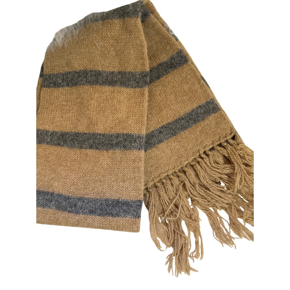 Striped Shetland Wool Scarf Tan Grey Fringe‎ Made USA Vintage Mens Womens